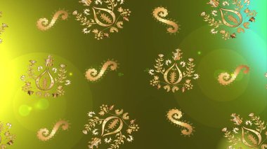 Raster illüstrasyonu. Noel yeşili, sarı ve kahverengiler. Yıldızlı ve düşen kar taneleriyle büyülü altın tatil soyut arka plan.