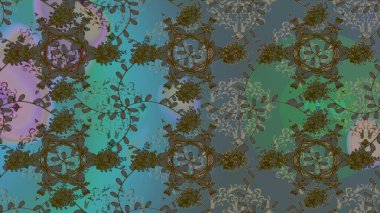 Çiçekli karalama şeklinde Raster çiçek deseni. Yumuşak, yaz çiçekleri yeşil, mavi ve gri renklerde. Raster illüstrasyonu.