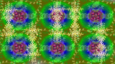 Raster illüstrasyonu. Bokeh yeşili, mavi, sarı ve kar taneleriyle dekoratif Noel arkaplanı.