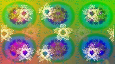 Basit bir kar tanesi. Yeşil, mavi ve sarı renkler üzerine illüstrasyon. Soyut duvar kâğıdı, ambalaj dekorasyonu. Kışın sembolü, mutlu noeller, mutlu yeni yıl kutlaması Raster illüstrasyonu..