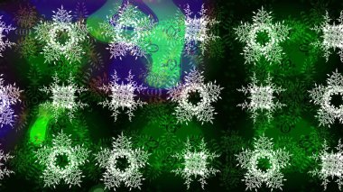 Kar tanelerinin soyut arkaplanlı Noel şablonu. Yeşil, mavi ve siyah kar taneleri. Raster illüstrasyonu. Noel ve Yeni Yıl moda baskıları için tatil tasarımı.