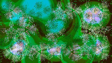 Noel ve yeni yıl moda baskıları için tatil tasarımı. Raster illüstrasyonu. Yeşil, mavi ve nötr kar taneleri. Kar tanelerinin soyut arkaplanlı Noel deseni.