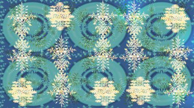 Raster illüstrasyonu. Mavi, bej ve yeşil renklerde kristal kar taneleri.