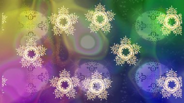 Yeşil, mor ve mavi renkli kar taneleri. Renkli arka planda izole tatlı kar taneleri. Raster illüstrasyonu.