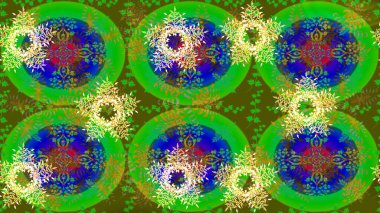 Kar taneli yeşil, mavi ve sarı renkler. Renkli arka planda izole tatlı kar taneleri. Raster illüstrasyonu.