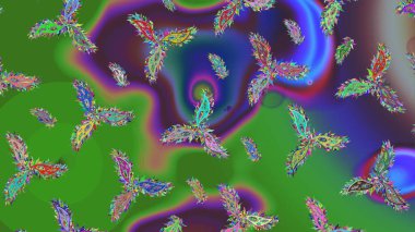 Raster illüstrasyonu. Renkler. Kar tanelerinin soyut arkaplanlı Noel şablonu. Yeşil, mor ve mavi kar taneleri. Noel ve Yeni Yıl moda baskıları için tatil tasarımı.