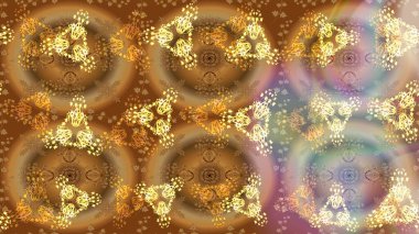 Kar tanelerinin soyut arkaplanlı Noel şablonu. Kahverengi, bej ve sarı kar taneleri. Raster illüstrasyonu. Noel ve Yeni Yıl moda baskıları için tatil tasarımı.