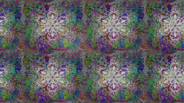 Çiçekler. Soyut etnik raster çizim kalıbı. Vadinin çiçekleri gri, yeşil ve kahverengi renklerde.