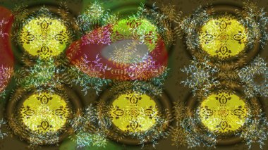 Kar taneleri, kar yağışı. Düşen Noel stili kar taneleri. Güzel, yeşil, kahverengi ve sarı kar taneleri renkli bir arka planda izole edilmiş. Görüntü.