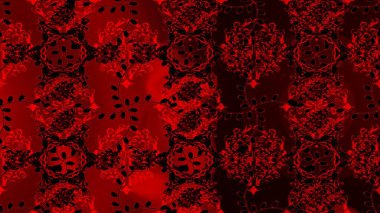 Renkli şal desenli, kırmızı, siyah ve kahverengi çiçekli ve dekoratif elementli kusursuz desen. Kusursuz bir geçmişi var. Raster illüstrasyonu. Kumaş, tekstil, duvar kağıdı baskısı için. Antika retro tarzı.