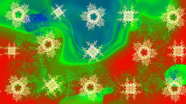 Kışın sembolü, mutlu noeller, mutlu yeni yıl kutlaması Raster illüstrasyonu. Soyut duvar kâğıdı, ambalaj dekorasyonu. Yeşil, kahverengi ve mavi renklerin çizimi. Kar tanesi kadar basit..