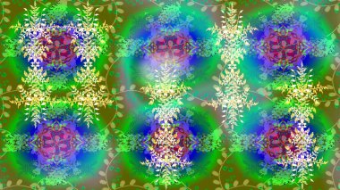 Kar tanelerinin soyut arkaplanlı Noel şablonu. Noel ve yeni yıl moda baskıları için tatil tasarımı. Raster illüstrasyonu. Yeşil, mavi ve nötr kar taneleri.