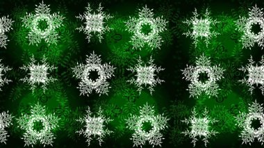 Yeşil, siyah ve mavi kar taneleri. Raster illüstrasyonu. Noel ve yeni yıl moda baskıları için tatil tasarımı. Renkler. Kar tanelerinin soyut arkaplanlı Noel deseni.