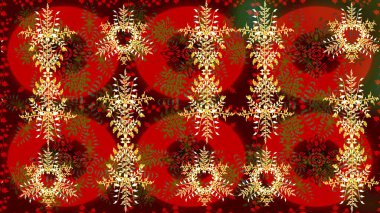 Renkli arka planda izole kar taneleri. Raster illüstrasyonu. Kar taneleri radyal kırmızı, kahverengi ve sarı renkler.