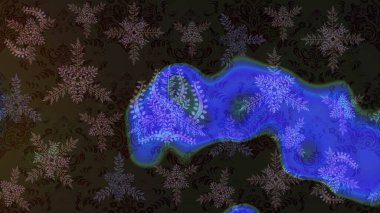 Kar tanelerinin soyut arkaplanlı Noel şablonu. Raster illüstrasyonu. Gri, kahverengi ve mavi renkler. Noel ve Yeni Yıl moda baskıları için tatil tasarımı.