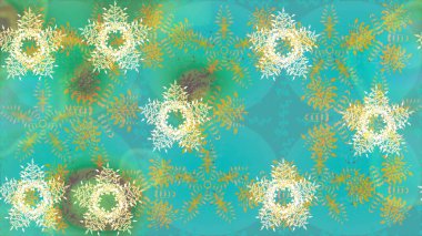 Kar tanelerinin soyut arkaplanlı Noel şablonu. Raster illüstrasyonu. Noel ve yeni yıl moda baskıları için tatil tasarımı. Renkler. Mavi, yeşil ve nötr kar taneleri.