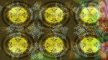 Yeşil, kahverengi ve sarı kar taneleri. Noel ve yeni yıl moda baskıları için tatil tasarımı. Kar tanelerinin soyut arkaplanlı Noel şablonu. Raster illüstrasyonu.