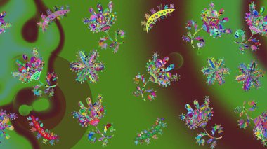 Yeşil, kahverengi ve mavi kar taneleri. Raster illüstrasyonu. Noel ve yeni yıl moda baskıları için tatil tasarımı. Kar tanelerinin soyut arkaplanlı Noel deseni.