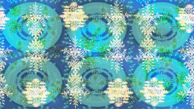 Bokeh mavisi, tarafsız, yeşil ve kar taneleriyle dekoratif Noel arkaplanı. Raster illüstrasyonu.