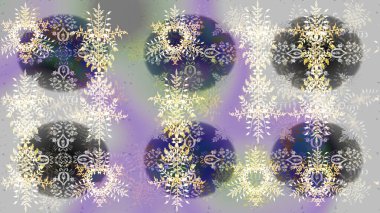 Raster illüstrasyonu. Noel ve yeni yıl moda baskıları için tatil tasarımı. Renkler. Kar tanelerinin soyut arkaplanlı Noel şablonu. Tarafsız, gri ve mor kar taneleri.