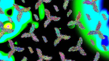 Raster illüstrasyonu. Siyah, mavi ve yeşil kar taneleri. Kar tanelerinin soyut arkaplanlı Noel şablonu. Noel ve Yeni Yıl moda baskıları için tatil tasarımı.