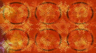 Bokeh portakalı, kahverengi, sarı ve kar taneleriyle dekoratif Noel arkaplanı. Raster illüstrasyonu.