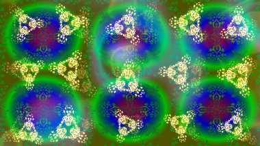 Noel stili. Raster illüstrasyonu. Yeşil, mavi ve sarı renkte kar taneleri.