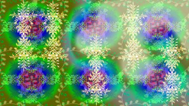 Kışın sembolü, mutlu noeller, mutlu yeni yıl kutlaması Raster illüstrasyonu. Soyut duvar kâğıdı, ambalaj dekorasyonu. Basit bir kar tanesi. Yeşil, nötr ve mavi renkler üzerine resim.