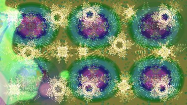 Raster illüstrasyonu. Yeşil, nötr ve mavi renkli kristal kar tanesi.