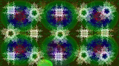 Raster illüstrasyonu. Kar taneli yeşil, mavi ve gri renkler. Renkli arka planda izole tatlı kar taneleri.