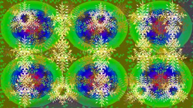 Kar tanelerinin soyut arkaplanlı Noel şablonu. Yeşil, mavi ve sarı kar taneleri. Raster illüstrasyonu. Noel ve Yeni Yıl moda baskıları için tatil tasarımı.