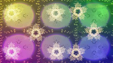 Kar tanelerinin soyut arkaplanlı Noel şablonu. Raster illüstrasyonu. Tarafsız, mor ve yeşil renkler. Noel ve Yeni Yıl moda baskıları için tatil tasarımı.