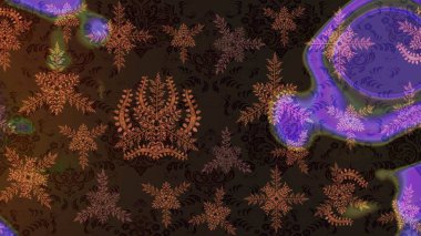 Kahverengi, mor ve gri renkte kar tanelerinden oluşan kış deseni. Kış konsepti Düz yatıyordu. Raster illüstrasyonu.