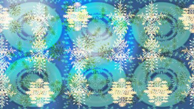 Raster Noel soyut renkli arka plan ve tatlı kar tanesi. Raster illüstrasyonu. Mavi, nötr ve yeşil renkli kar taneleri.