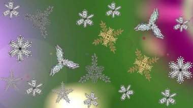 Different snowflake collection raster, winter elements on a golden colors. Raster christmas abstract colorful background with cute snowflake.