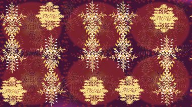 Noel ve yeni yıl moda baskıları için tatil tasarımı. Kar tanelerinin soyut arkaplanlı Noel şablonu. Raster illüstrasyonu. Kırmızı, mor ve kahverengi kar taneleri.