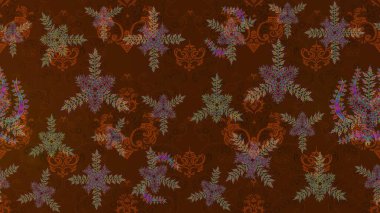 Renkli arka planda izole kar taneleri. Raster illüstrasyonu. Kış kar tanesi, raster arka plan. Yüzey için tekrarlanan doku, ambalaj kağıdı, kahverengi, mor ve yeşil renkler.