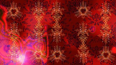 Kar tanelerinin soyut arkaplanlı Noel şablonu. Raster illüstrasyonu. Kırmızı, kahverengi ve pembe renkler. Noel ve Yeni Yıl moda baskıları için tatil tasarımı.