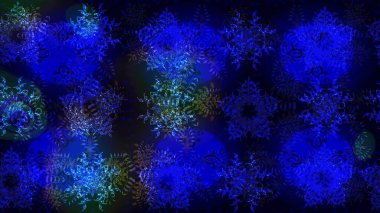 Noel ve yeni yıl moda baskıları için tatil tasarımı. Kar tanelerinin soyut arkaplanlı Noel şablonu. Mavi, siyah ve gri kar taneleri. Raster illüstrasyonu.