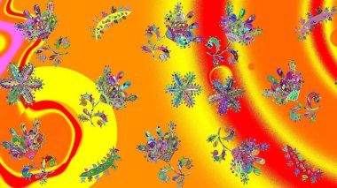 Sevimli çiçek raster deseni. Turuncu, sarı ve kırmızı renkte çiçekler. Renkli Bahar Temalı Kusursuz Arkaplan. Düz Çiçek Elementleri Tasarımı.