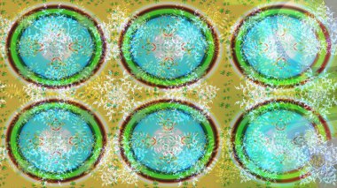 Yeşil, mavi ve nötr renkler. Noel ve yeni yıl moda baskıları için tatil tasarımı. Kar tanelerinin soyut arkaplanlı Noel şablonu. Raster illüstrasyonu.