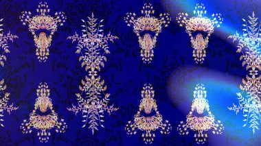 Mavi, nötr ve siyah renkte parlak çiçekli halı deseni.