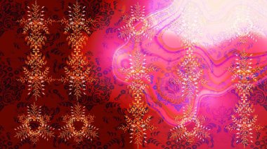 Düşen Noel stili kar taneleri. Renkli bir arka planda izole edilmiş güzel, kırmızı, pembe ve nötr kar taneleri. Kar taneleri, kar yağışı. Görüntü.