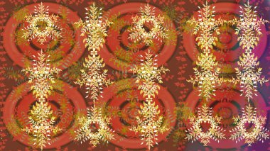 Kar tanelerinin soyut arkaplanlı Noel şablonu. Kahverengi, turuncu ve pembe kar taneleri. Noel ve yeni yıl moda baskıları için tatil tasarımı. Raster illüstrasyonu.