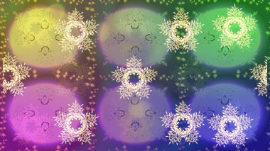 Kar tanelerinin soyut arkaplanlı Noel şablonu. Tarafsız, mor ve yeşil kar taneleri. Raster illüstrasyonu. Noel ve Yeni Yıl moda baskıları için tatil tasarımı.