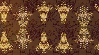 Kahverengi, nötr ve bej renkli Asya tekstili. Raster illüstrasyonu. Suluboya çiçekli çiçek deseni.