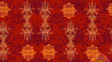 Arkaplan dokusu, duvar kağıdı, kırmızı, turuncu ve mor renkli çiçek teması. Kabile sanatı boho baskısı, klasik çiçek arkaplanı. Soyut etnik raster çizim kalıbı.