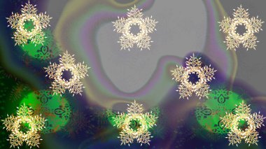 Gri, yeşil ve nötr kar tanelerinin olduğu Noel kartı gri, yeşil ve nötr renklerde. Kar taneleri arka planda. Kış kartı Mutlu Noeller, yeni yıl ve mutlu bayramlar..