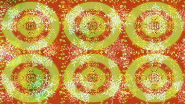 Renkli arka planda izole tatlı kar taneleri. Raster illüstrasyonu. Yuvarlak raster kar tanesi. Soyut kış portakalı, sarı ve yeşil süs. Güzel kar tanesi..