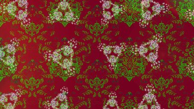 Çiçek desenli çizim. Raster illüstrasyonu. Asya tekstil tarzında. Kırmızı, yeşil ve kahverengi renkte çiçekler. Raster illüstrasyonu.